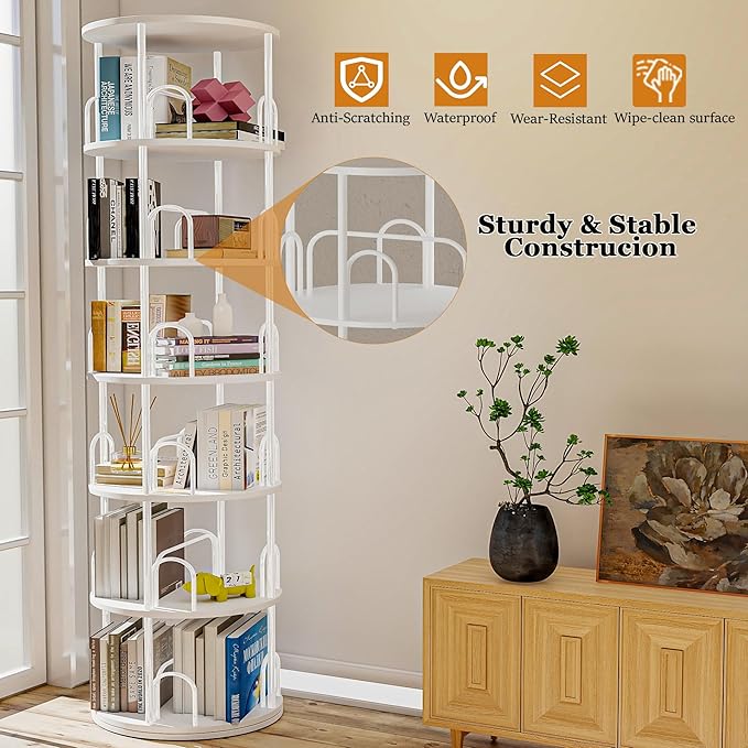 6 Tier Rotating Bookshelf, 360 ° Display Stackable Spinning Bookshelf Tower, Narrow Space Saving Tall Floor Standing Swivel Bookcase Corner Storage Organizer for Bedroom, Living Room