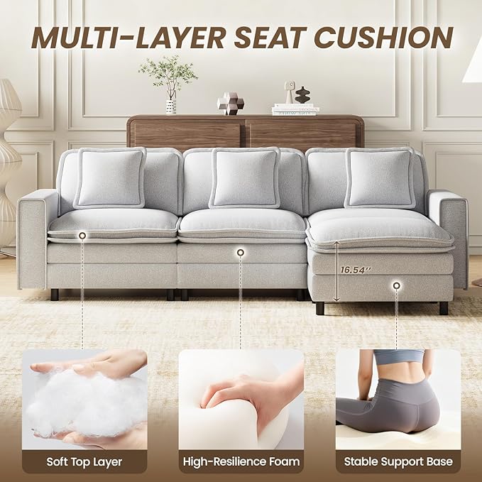 MALOL Modular Sectional Sofa 107", Comfy Cloud Couch with Ottoman, Deep 4-Seat L Shaped Modular Sofa, Couches with Throw Pillows for Living Room, Light Grey