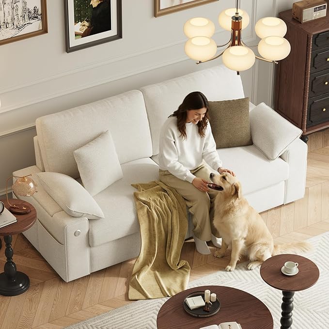MALOL 76" Loveseat Sofa, Cloud Foam Couch, 3 Seater Upholstered Midcentury Mondern Love Seat with USB Type C Ports, 4 Pillows and Flip-Open Storage Armrest for Living Room/Small Spaces, Beige