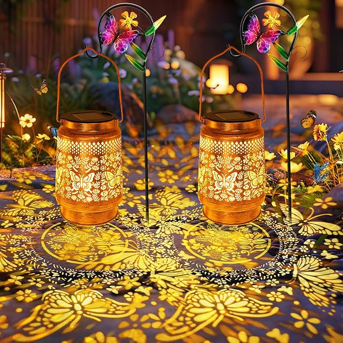 2 Pack Solar Lanterns Outdoor Butterfly Garden Decor, Gifts for Women Mom Grandma Birthday, Waterproof Metal Hanging Solar Lights LED Decoration with Shepherd Hook Outside for Yard Patio Lawn Porch