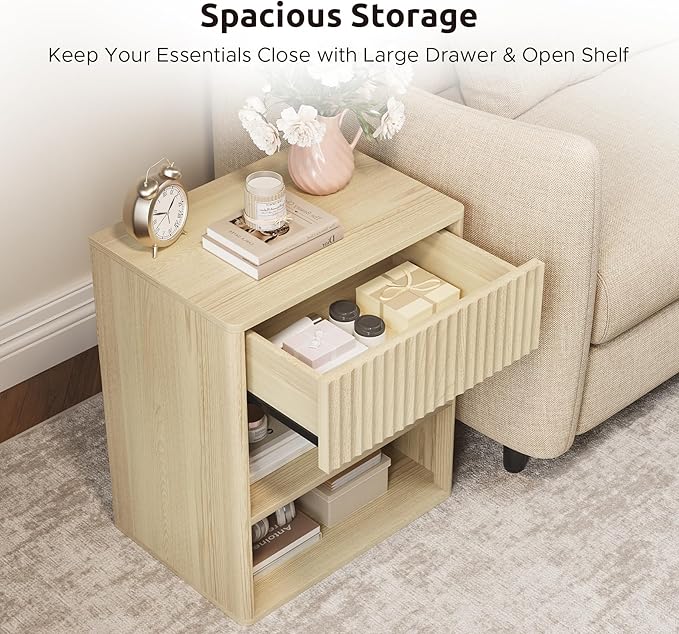 Nightstand Bedside Table Storage Drawer - Large Mid Century Modern Night Stand with Fluted Wood Drawer and Open Shelf Bed Side Table for Bedroom Study Room, Natural Oak, Set of 1