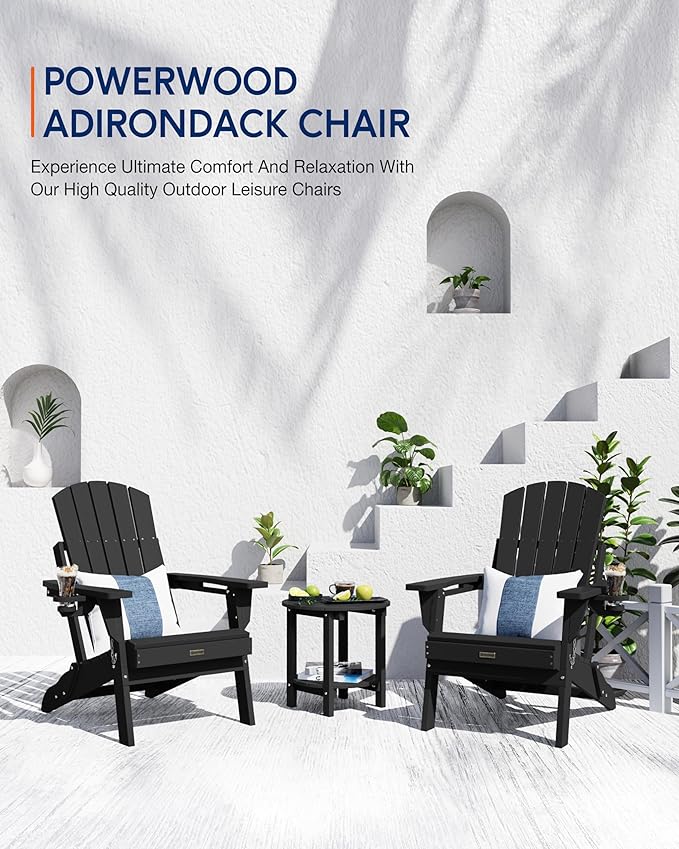 Adirondack Chair with Cup Holder: Folding Adirondack Chairs Plastic HDPE Material Furniture - Composite Fire Pit Chairs Foldable for Outdoor/Backyard/Garden/Lawn/Deck/Porch/Patio