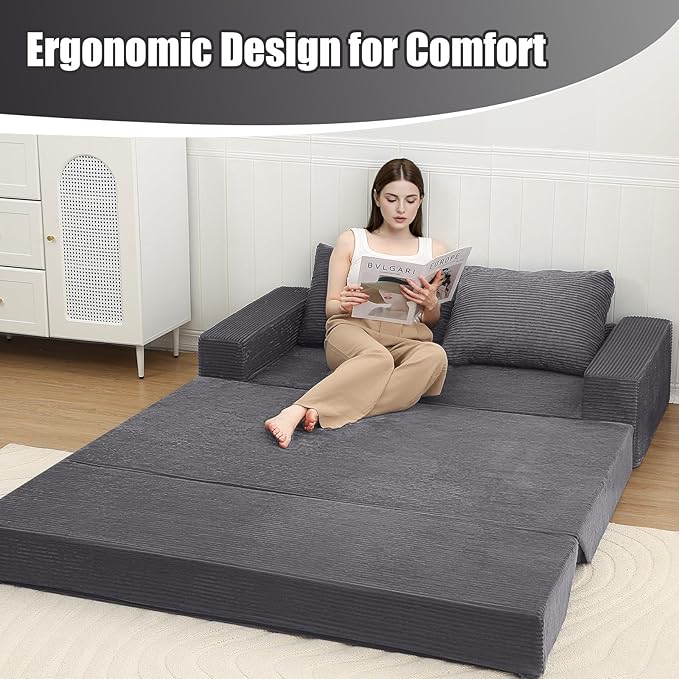 COMAX Futon Sofa Bed, 4‑in‑1 Convertible Sofa Bed, Boneless Couches for Living Room, Fold Out Small Foldable Loveseat Space‑Saving, Grey