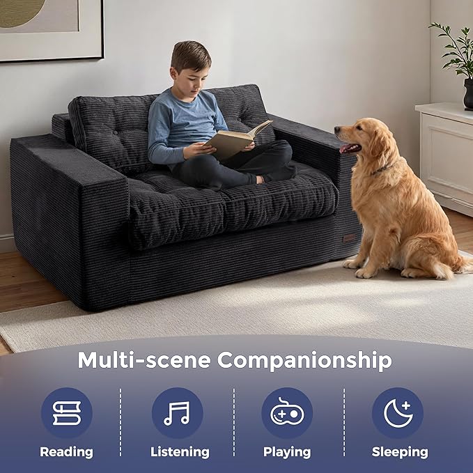 MAXYOYO Loveseat Sofa Couch, Upholstered Bean Bag Chair Cloud 2-Seat for Adults, Boneless Couch with Tufted Cushion & Pillows, Sofa in A Box, No Assembly Required, Black