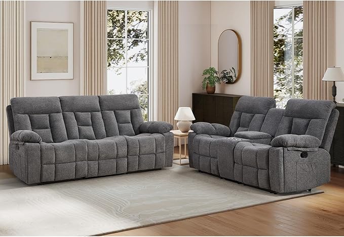 EBELLO 2 Pieces Recliner Sofa Couch Furniture Set, Overstuffed Reclining Loveseat Recliner Couch and Wide 3PC Bonded Sofa Set for Living Room, Light Grey