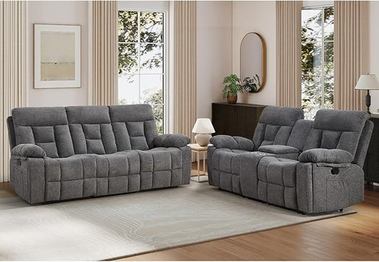 EBELLO 2 Pieces Recliner Sofa Couch Furniture Set, Overstuffed Reclining Loveseat Recliner Couch and Wide 3PC Bonded Sofa Set for Living Room, Light Grey