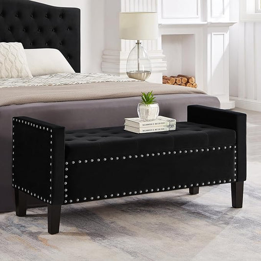 Velvet Storage Ottoman with Armrests, Upholstered Button Tufted Entryway Bench with Nails Trim for Bedroom End of Bed, Living Room,Black