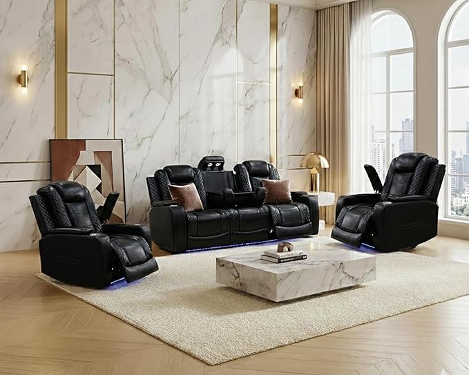 Power Recliner Sofa Set with LED, Breathing Leather Living Room Set 3 Piece, Reclining Couch and Two Chair with USB Port&Storage Console (Black Upgared)