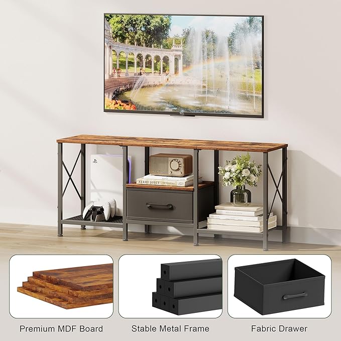 TV Stand with Fabric Drawer, Entertainment Center for 50 55 Inch TV, Industrial TV Console Table with Open Storage Shelves for Living Room, Bedroom, Rustic Brown