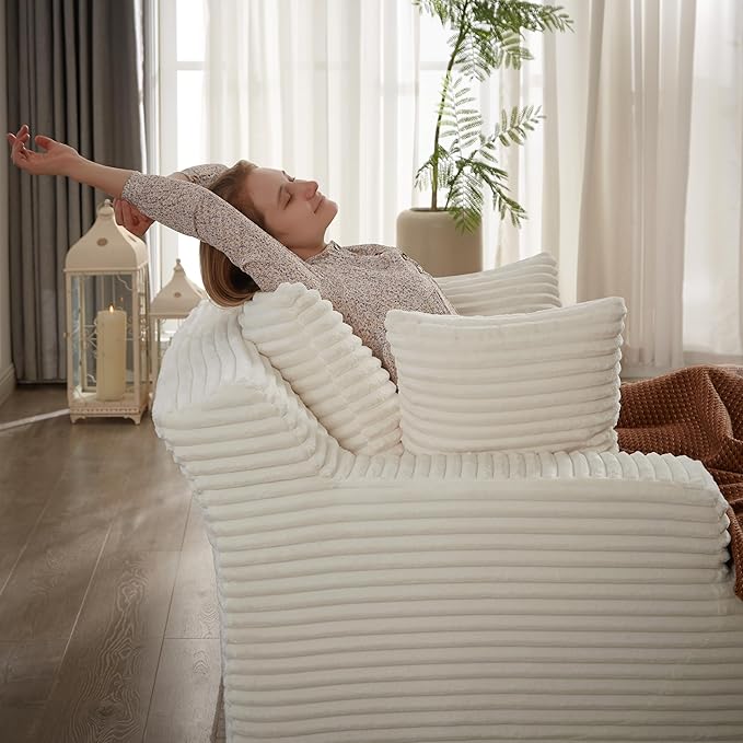 49.2" Full Foam Oversized Chaise Lounge Chair Cozy Cloud Couch, Modern Plush Corduroy Upholstered Sleeper Sofa Daybed with 3 Throw Pillows and Wide Armrest for Living Room, No Assembly Required