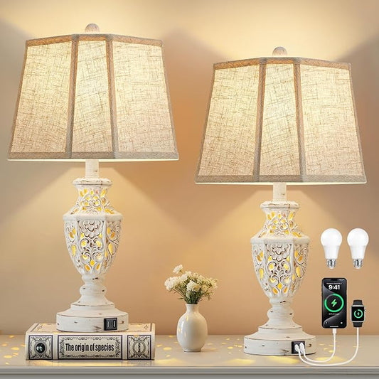 Lamps for Night Stands Set of 2-23.5" Boho Bedside Lamp with USB A+C and Nightlight - Cream Rustic Carved Resin Farmhouse Table Lamp for Bedrooms, End Tables, Living Room, Bulbs Included