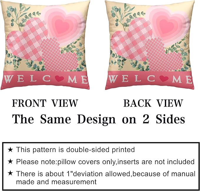 Valentine Day Pillow Covers 24x24 Set of 2 Valentines Day Pink Heart Throw Pillow Covers Pink Hearts with Eucalyptus Decoarative Pillow Case Cushion Case for Couch Sofa