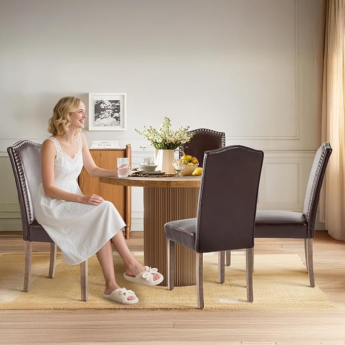 Upholstered Dining Chair Stylish Parsons Kitchen High Back with Silver Nailhead Trim & Wood Legs, 4-Pack, PU Dark Brown