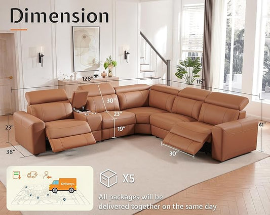 AMERLIFE Power Recliner Sectional Sofa with Storage/USB Port, Leather Recliner Sofa with Adjustable Headrest, Reclining Sectional Couches with Console and Cup Holder for Living Room (Brown, 5-Seater)