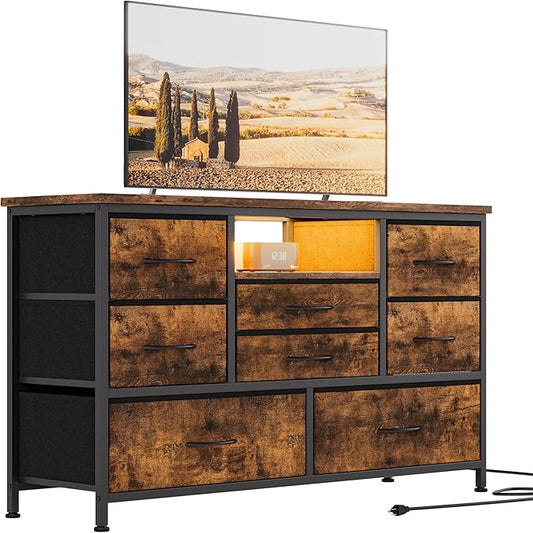 Jojoka 8-Drawer LED Dresser TV Stand with Power Outlet for 55'' TV - Wide Storage Chest for Bedroom, Living Room & Entryway, Wood Top Console Table with 22 Light Modes