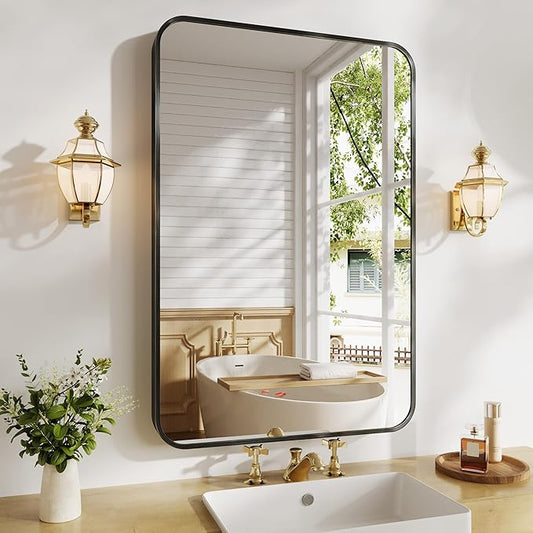 Koonmi Metal Framed Bathroom Mirror, 24"X36" Anti-Rust Bathroom Vanity Mirror, High-Definition Tempered Glass Wall Mounted Mirror for Over Sink, Modern Decorative Wall Mirror for Restroom