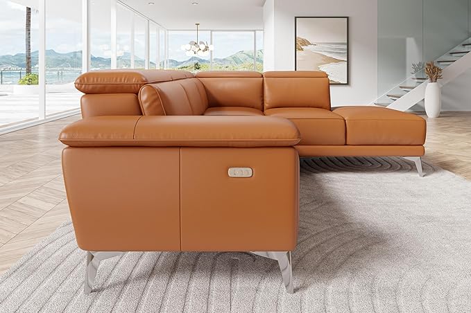 Valencia Pista Full Leather Right Chaise Sofa 112.5" | Italian Nappa Leather Modern Cloud Couch for Living Room/Apartment Furniture | Power Recliner, Ultimate Comfort, Cognac