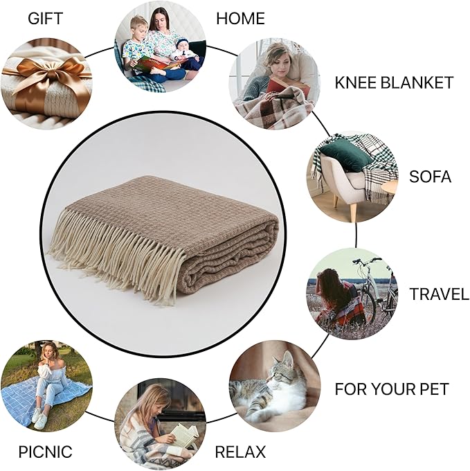 | Cashmere Blend Blanket | 10% Cashmere, 90% Superfine Wool | Ultra-Soft, Warm & Breathable Throw with Fringes | Elegant Bed or Sofa Layer 55"x79" (140 x 200 cm)