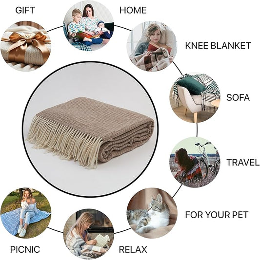 | Cashmere Blend Blanket | 10% Cashmere, 90% Superfine Wool | Ultra-Soft, Warm & Breathable Throw with Fringes | Elegant Bed or Sofa Layer 55"x79" (140 x 200 cm)