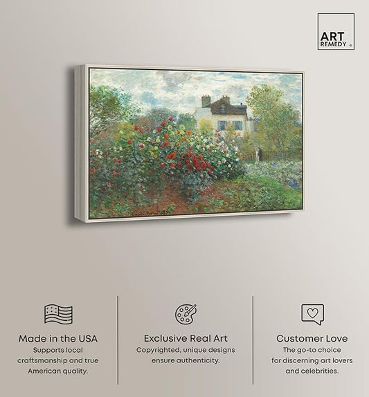 Art Remedy Monet-Garden With Dahlias Impressionism Classic Landscape Paintings Canvas Wall Art, Silver Floater Frame, 16"x24"