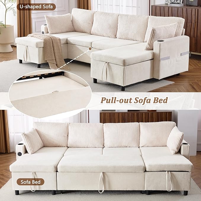 Ball & Cast 111.8" Upholstered Sectional Sleeper Sofa Bed, U Shaped Pull Out Couch with Storage Chaise,USB Ports and Two Cup Holders, for Living Room,Office, Apartment, Beige