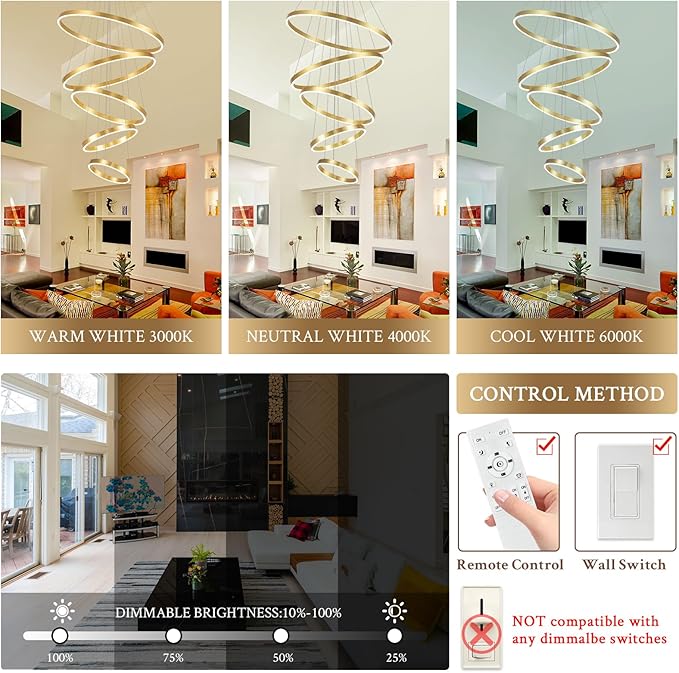 Gold Modern LED Chandeliers 5 Rings Chandelier for High Ceiling 31" Large Foyer Chandelier Entryway Dimmable Pendant Light Fixture for Living Room Staircase, 3000K-6500K