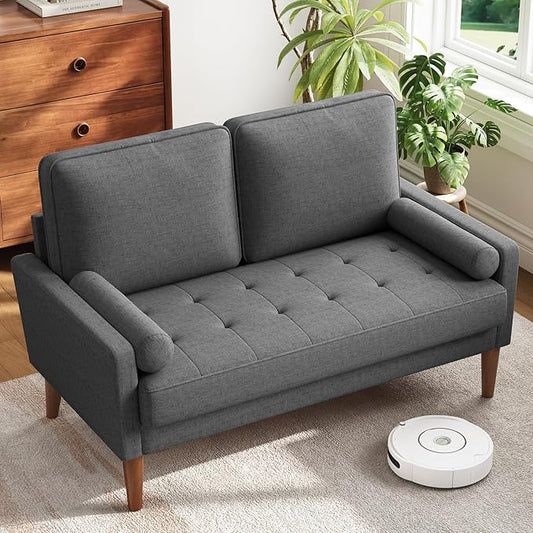 Vesgantti Loveseat Sofa with Solid Wood Legs, 48" Small Couches for Small Spaces, Love Seat for Living Room, Bedroom, Easy Assembly Mid Century Modern Couch with Throw Pillow for Apartment, Grey