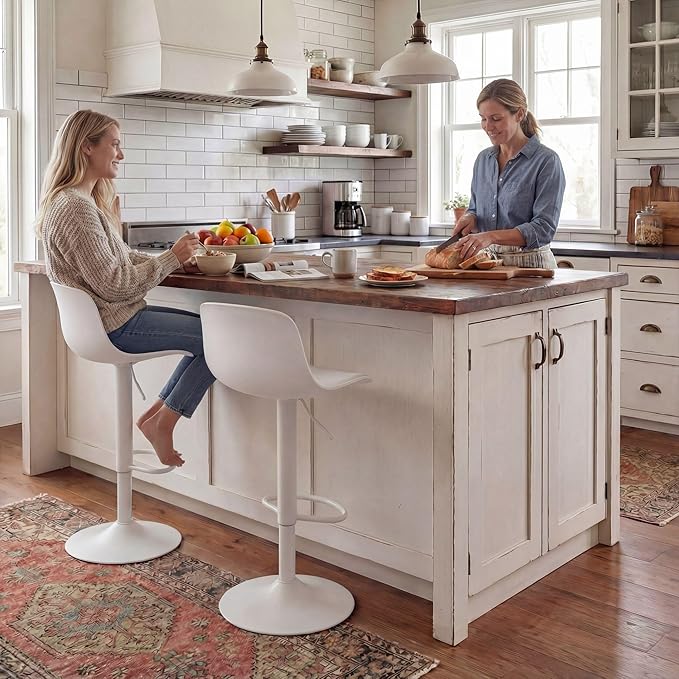 YOUNIKE Bar Stools Set of 2 Modern White PU Leather Counter Height Barstools, Swivel Adjustable Breakfast High Chairs with Back for Bar Counter and Kitchen Island
