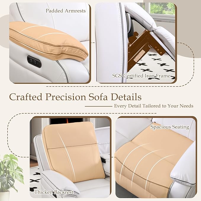 Power Reclining Loveseat with LED Reading Light/Storage Drawer, Power Loveseat Recliner Sofa, Reclining Loveseat with Bluetooth Speakers/Outlets/Breathing Leather (White, 3 Seat)