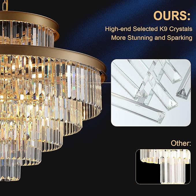 6-Tier Large Gold Crystal Chandeliers 35" Modern Luxury Chandeliers for Staircase K9 Crystal High Ceiling Chandelier 22-Light Round Hanging Pendant Light Fixture for Living Room Entryway Foyer