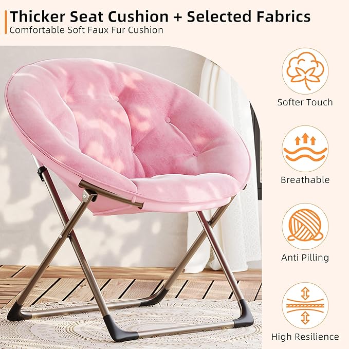 IDEALHOUSE Comfy Folding Padded Saucer Chair, Folding Circle Chair with Metal Frame, Soft Moon Chair for Bedroom, Dorm Rooms, Apartments, Lounging, Garden and Courtyard, Pink