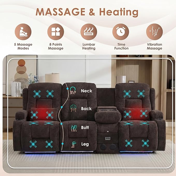 TUNYI Wall Hugger Loveseat Recliner Sofa with Console, Power Reclining Loveseat RV Couch with Massage & Heat/USB/Outlet/Storage/LED Light/Speaker (Brown, 4 Seat)