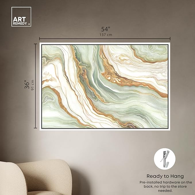 Art Remedy Green And Gold Framed Mineral, Agate & Geode 1 Piece Canvas Wall Art, 55" x 37", White Frame