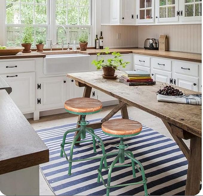 Topower Farmhouse Kitchen Stool, Industrial Counter Stool, Kitchen Deco Round Seat Standard Height Adjustable Swivel Bar Stools Indoor House Design Wood Seat Antique Green Set of 2