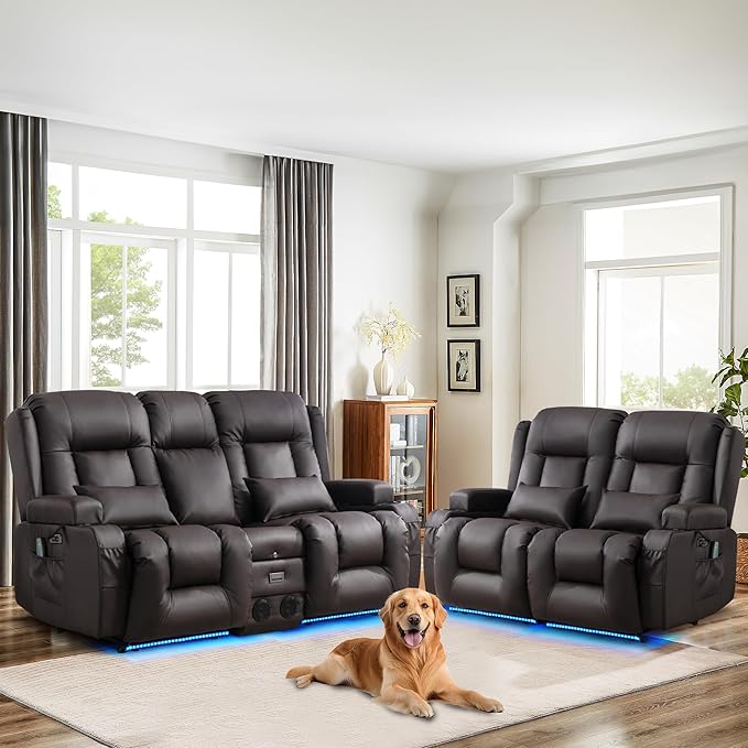 TUNYI Power Loveseat Recliner Sofa, Faux Leather Reclining Sofa with Console RV Reclining Loveseat Couch with USB/Outlet/Storage/Side Pocket/LED Light/Speaker (Brown, Loveseat)