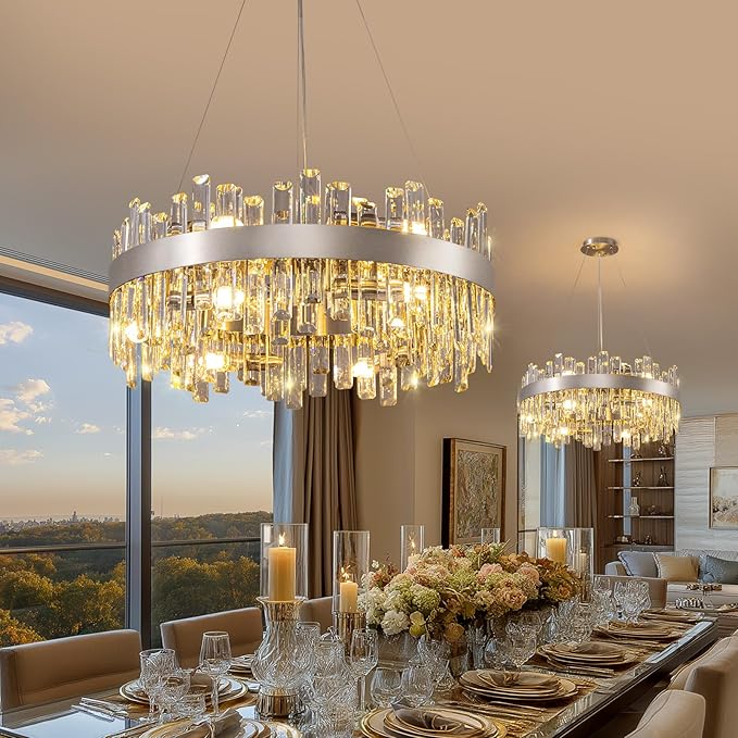 Crystal Chandelier for Dining Room, 12-Light Chrome Silver Round Chandelier, 23.6-inch K9 Crystal Raindrop Ceiling Light, Luxury Flush Mount Light Fixture for Kitchen Living Room