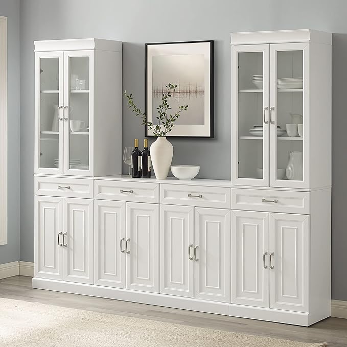 Crosley Furniture Stanton 3-Piece Sideboard Buffet Cabinet and Glass Door Kitchen Storage Pantry Set, White