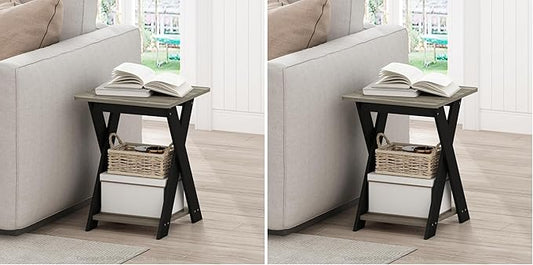 Furinno Modern Simplistic Criss-Crossed End Table, Side Table, Grey Oak/Black (Pack of 2)