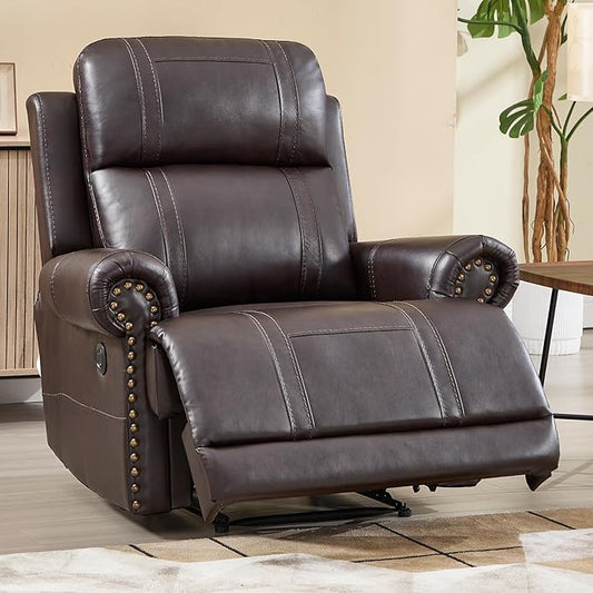 EBELLO Faux Leather Electric Reclining Chair, Power One Seat Sofa with USB and Type-C Charging Ports, Vintage Rivet Design for Small Living Room, Bedroom and Meeting Room, Brown