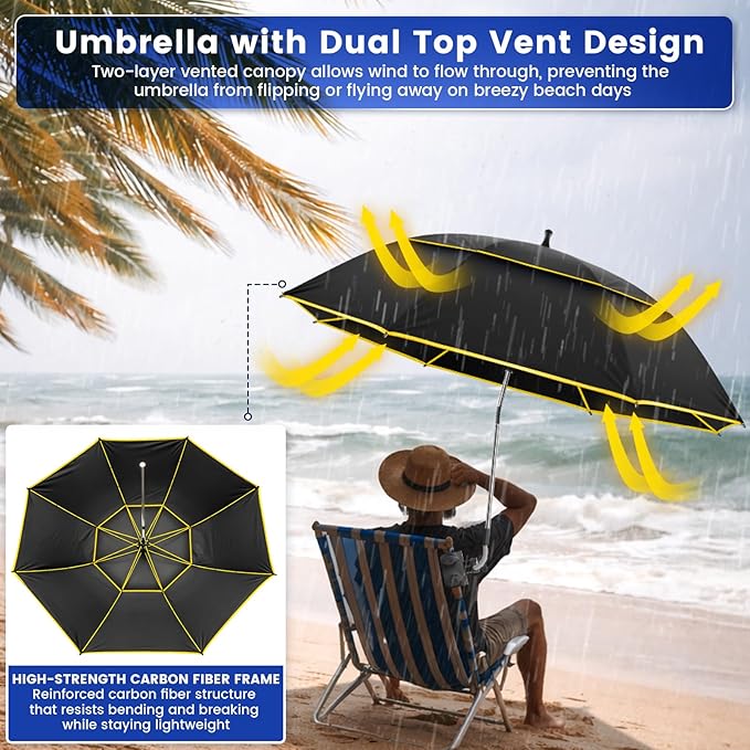 Chair Umbrella with Clamp,2PACK 53 inches Double Canopy Beach Chair Umbrella with Universal Clamp,50+ UV Protection,360° Swivel,Folding Clip on Sun Umbrellas for Table,Camping,Bench Chairs,Golf Cart