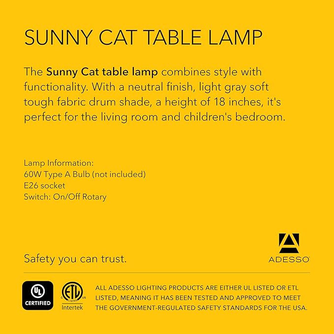 Adesso Sunny Cat Table Lamp – White Ceramic Novelty Lamp for Bedroom and Office Lighting or Living Room Décor, 18” x 10”