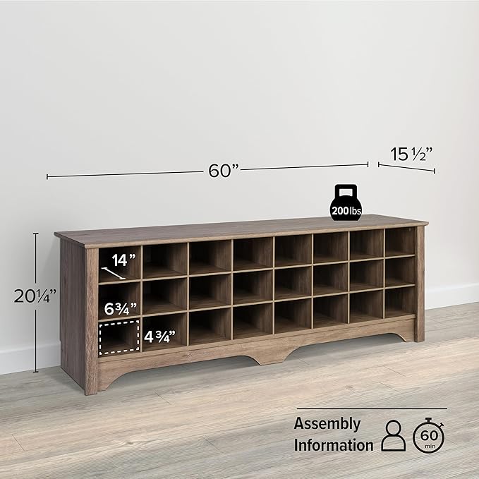 Prepac 24 Pair Shoe Cabinet, Entryway Bench, Mud Room Organization and Storage Bench with 24 Shoe Cubbies, Drifted Gray, 15.5"D x 60"W x 20.25"H