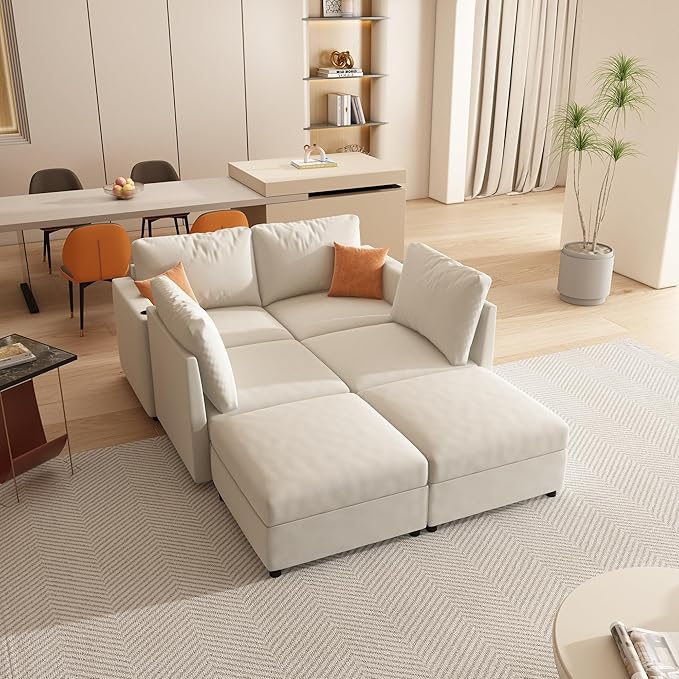 Ball & Cast 123" Large Sleeper Sectional Sofa Bed with Full Storage Seats,Corner Spacious Cloud Sofa W/Ottoman,Flexible Combination,Oversize 6 Piece Cozy Modular Chaise for LivingRoom,White Chenille
