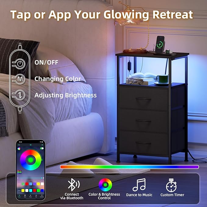 Somdot Nightstands Set of 2,Bedside Tables with Charging Station and LED Lights,Night Stand with 3 Fabric Drawers, End Tables with Open Shelf for Bedroom Living Room Entryway Hallway, Black