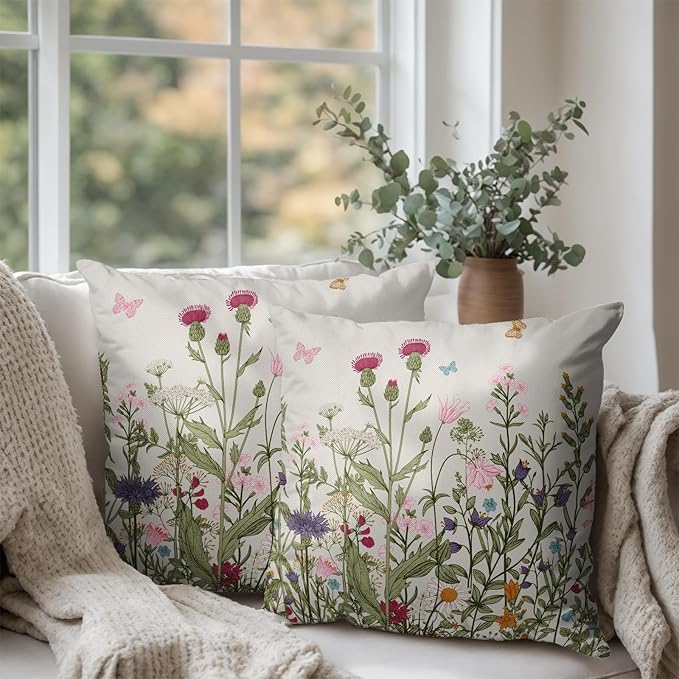 Spring Vintage Floral Pillow Covers 22x22 Set of 2 Sage Green Wildflower Plant Outdoor Throw Pillows Case Summer Rustic Wild Flowers Botanical Print Pillowcase for Farmhouse Sofa Couch Bed Decor