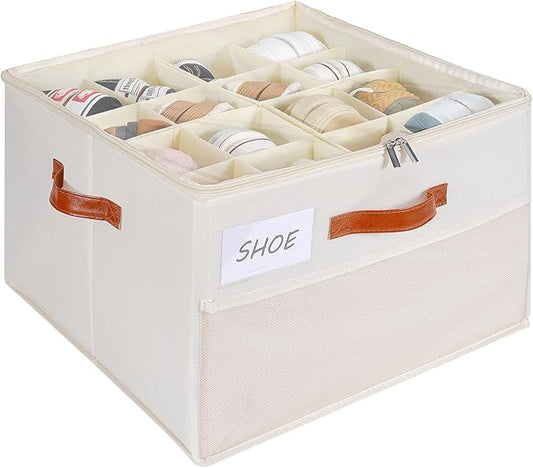 Shoe Organizer for Closet, Shoe Storage Box, Foldable Shoe Box with Adjustable Dividers and Clear Cover, Closet Shoe Organizer Fits up to 16 Pairs, 1-Pack, Extra Storage Pocket for Socks