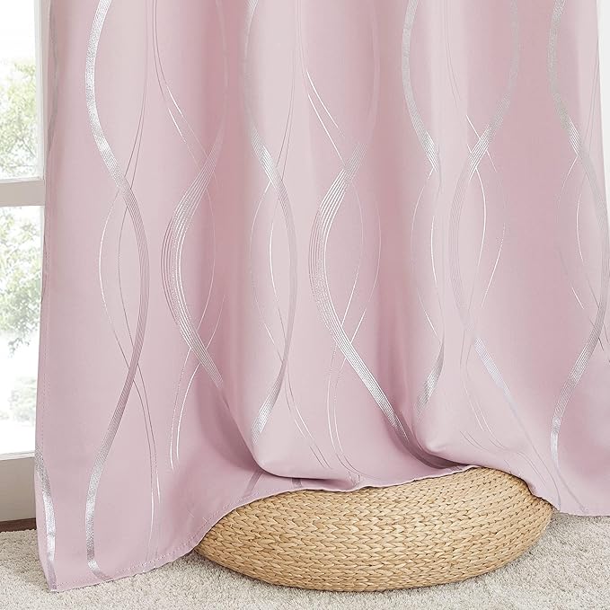 NICETOWN Pink Blackout Curtains Panels for Bedroom, Noise Reducing Thermal Insulated Wave Line Foil Print Design Blackout Curtains for Patio Sliding Glass Door (Lavender Pink, 2 Panels, 52 x 84 Inch)