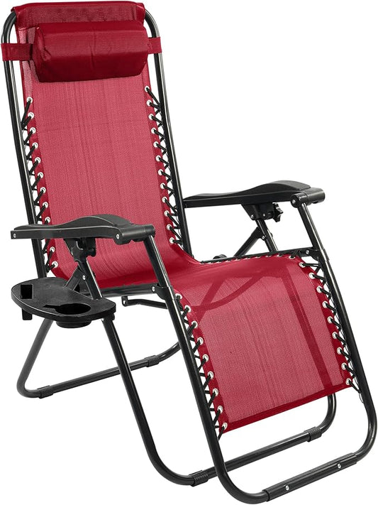 Elevon Zero Gravity Chair with Cup Holder & Removable Pillow, Adjustable Reclining Outdoor Patio Folding Chairs for Adults Portable Lounge Chair Furniture for Poolside, Lawn, Beach, Camping, Red
