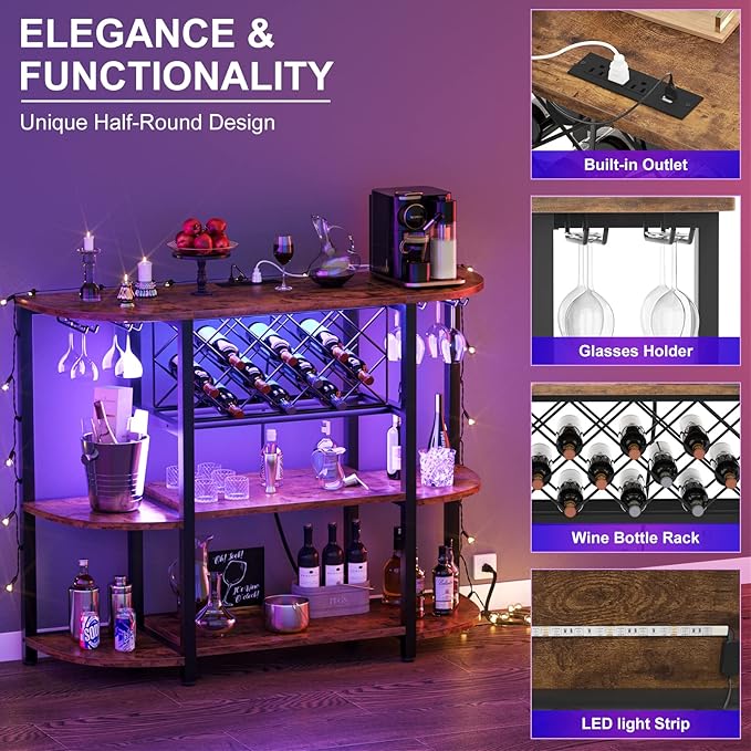 Unikito Wine Rack Table with Socket and LED Light, Floor Bar Cabinet for Liquor and Glasses, Wood Coffee Bar Table with Adjustable Wine Rack, FreeStanding Sideboard and Buffet Cabinet, Rustic