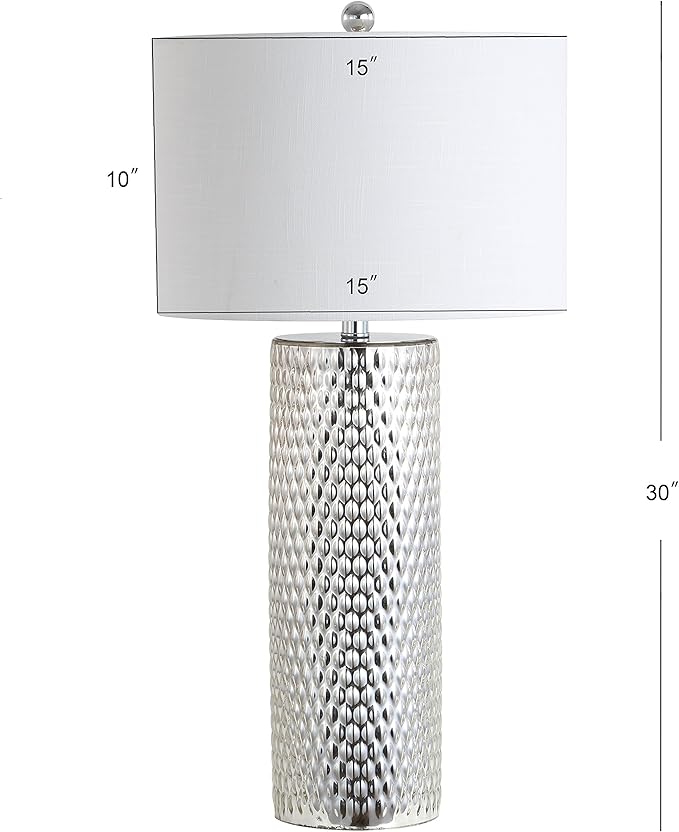 JONATHAN Y 30" Silver Isabella Studded Glass Table Lamp, Contemporary Glam Silver Leaf Base with White Linen Drum Shade for Bedroom Living Room, LED Bulb Included JYL1013A
